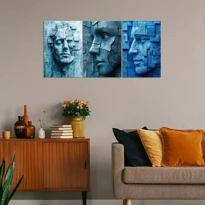 3pcs Vintage Blue-Toned Portrait Metal Print Ready to Hang Art - Bella Home Decor