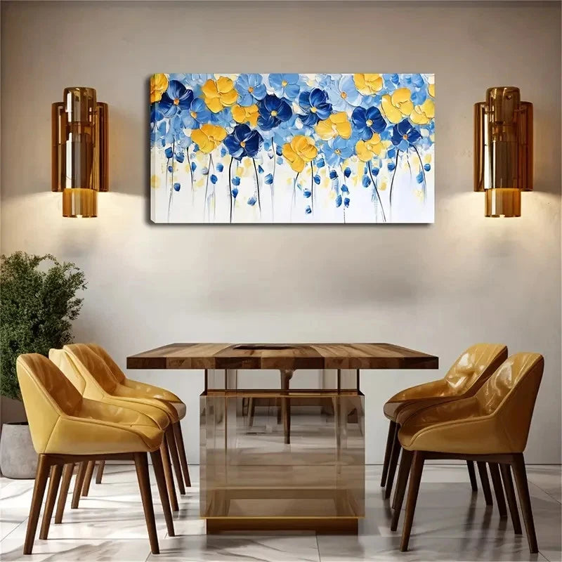 Bright Blue And Yellow Flowers Wall Art Canvas Office Home Room Framed 120x60cm