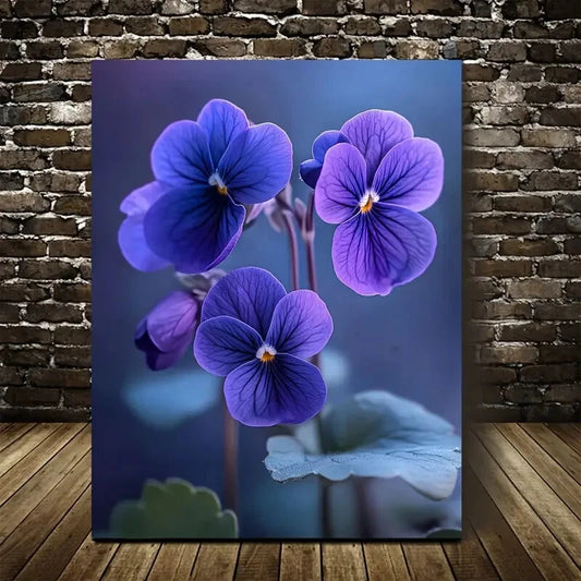 Vibrant Purple Violets with Green Leaves Painting 40x60cm Metal Print Ready to Hang