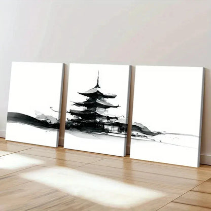 3pcs Black & White Abstract Pagoda Ink Painting Wall Art Set Canvas Framed 50x70cm - High Quality Print 100% Australian Made Wall Canvas Ready to Hang - Bella Home Decor