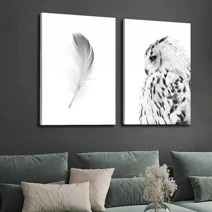 2pcs Owl Black and White Animal Feather Painting Canvas Framed 50x75cm - High Quality Print 100% Australian Made Wall Canvas Ready to Hang - Bella Home Decor
