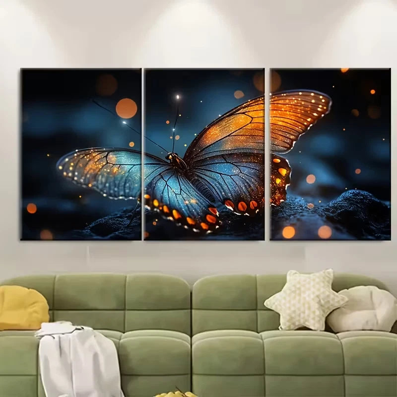 3pcs Vibrant Orange & Blue Butterflies Metal Print Ready to Hang Art
