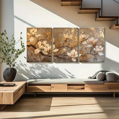 3pcs Magnolia Golden Leaf Floral Art Vintage Metal Print Ready to Hang Art - Bella Home Decor