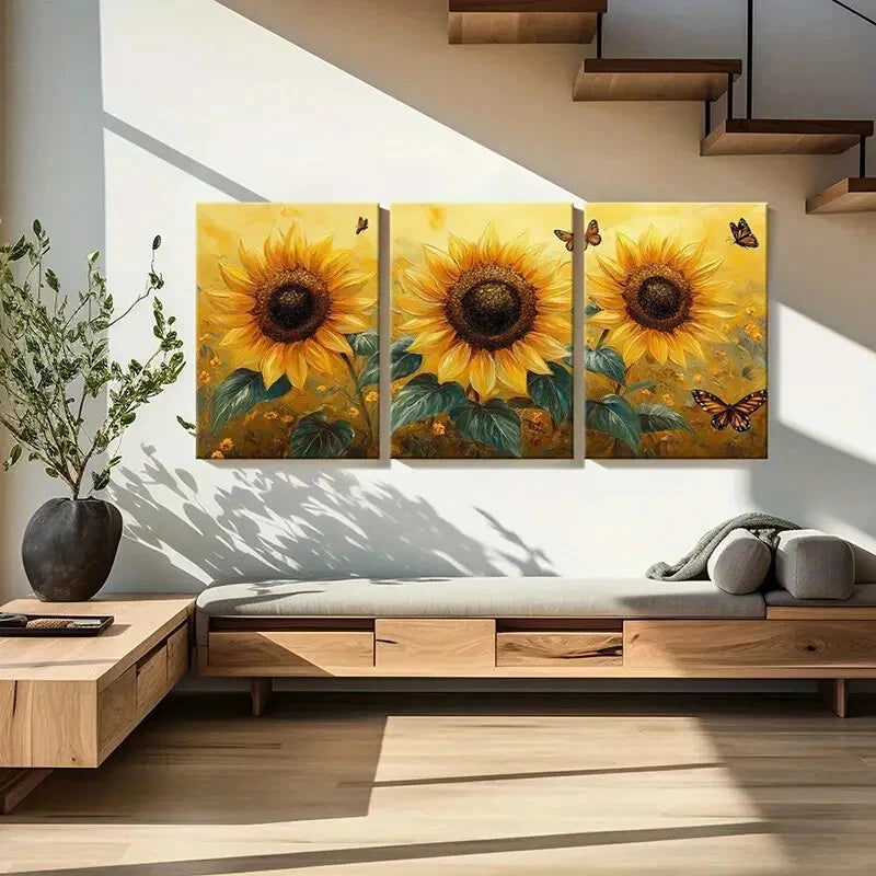 3pcs Sunflowers Butterflies Vibrant Colors Metal Print Ready to Hang Art - Bella Home Decor