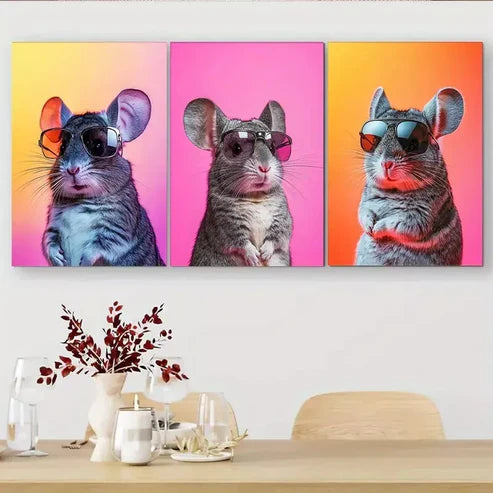 3pcs Cool Chinchilla in Glasses Triptych Wall Art Set Wall Art Canvas Unframed - High Quality Print 100% Australian Made Wall Canvas - Bella Home Decor