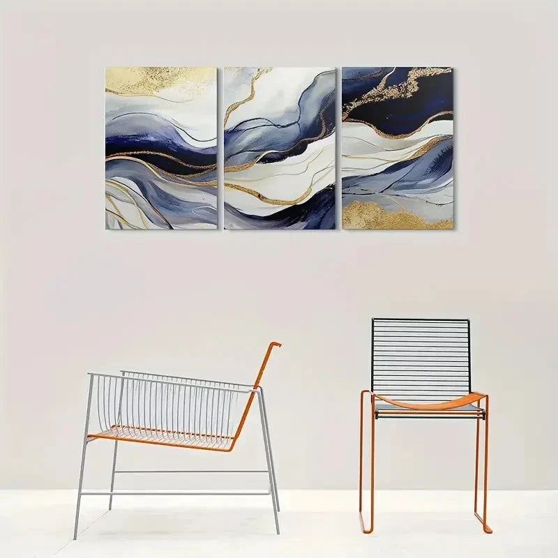 3pcs Blue White and Golden Abstract Metal Print Ready to Hang Art - Bella Home Decor