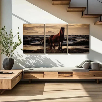 3pcs Brown Horse Near a River & Sunset Wall Art Set Canvas Framed 40x60cm - High Quality Print 100% Australian Made Wall Canvas Ready to Hang - Bella Home Decor