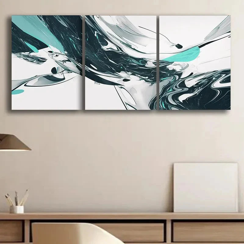3pcs Abstract Wave Pattern Black White Teal Green Metal Print Ready to Hang Art - Bella Home Decor
