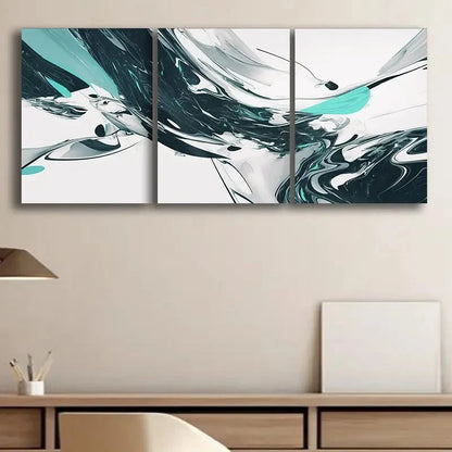 3pcs Abstract Wave Pattern Black White Teal Green Metal Print Ready to Hang Art - Bella Home Decor