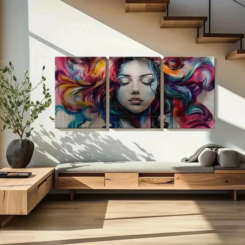 3pcs Abstract Woman Face Artwork Vibrant Colors Wall Art Set Canvas Framed 40x60cm - High Quality Print 100% Australian Made Wall Canvas Ready to Hang - Bella Home Decor
