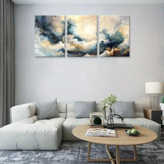 3pcs Abstract Blue & Golden Marble Metal Print Ready to Hang Art