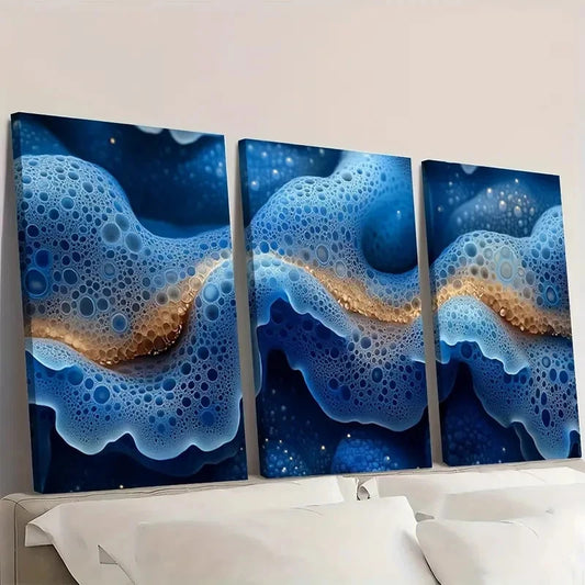 3pcs Shades of Indigo & Honeycomb TR Wall Art Set Canvas Framed 50x70cm - High Quality Print 100% Australian Made Wall Canvas Ready to Hang