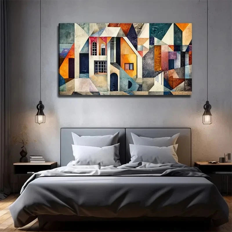 Cubist House Decoration Wall Art Canvas Office Home Room Framed 120x60cm