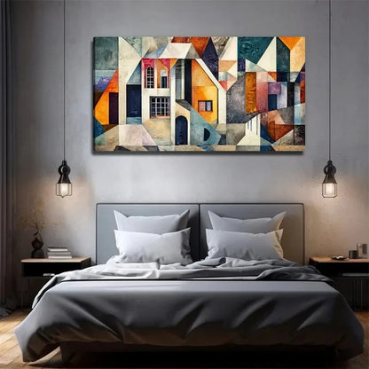 Cubist House Decoration Wall Art Canvas Office Home Room Framed 120x60cm