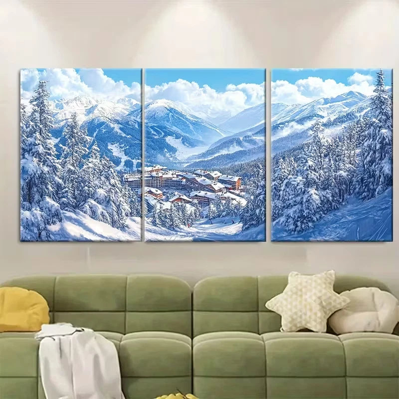 3pcs Snowy Village & Pine Trees Metal Print Ready to Hang Art