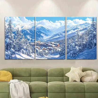 3pcs Snowy Village & Pine Trees Metal Print Ready to Hang Art