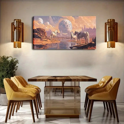 Three White Horses in Alien Wall Art Canvas Office Home Room Framed 120x60cm - Bella Home Decor