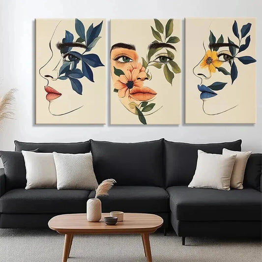 3pcs Abstract Faces & Floral Botanical Perfect Wall Art Set Canvas Framed 50x70cm - High Quality Print 100% Australian Made Wall Canvas Ready to Hang