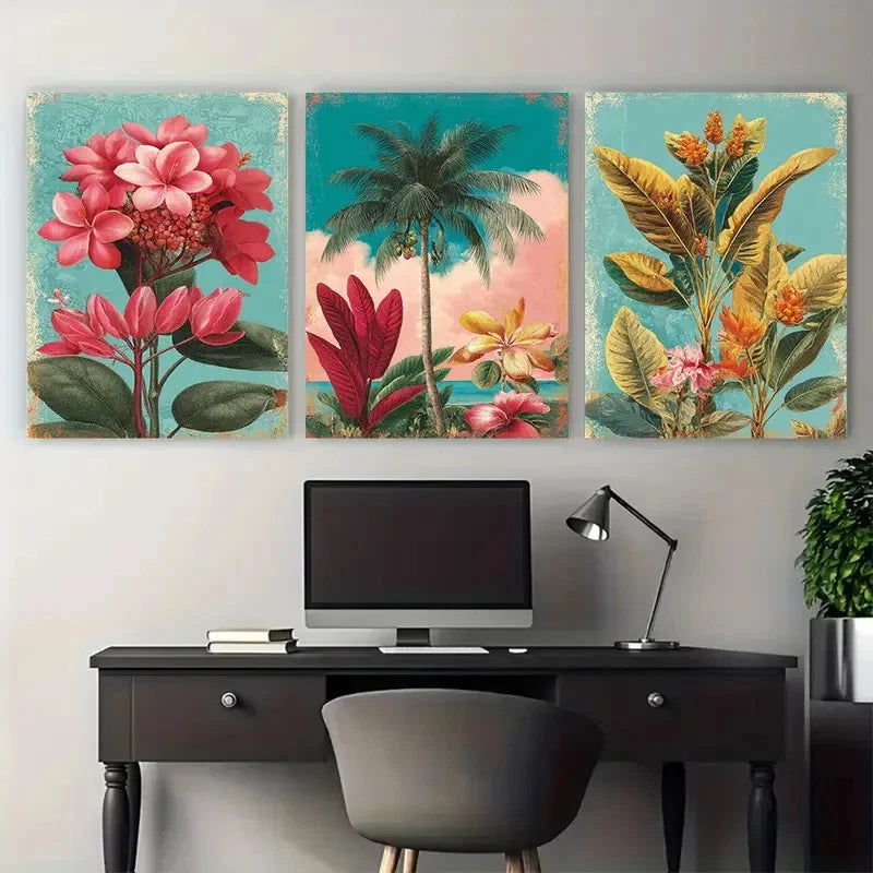 3pcs Bridgetown Travel Botanical Illustration Wall Art Set Canvas Framed 40x60cm - High Quality Print 100% Australian Made Wall Canvas Ready to Hang - Bella Home Decor