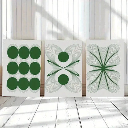 3pcs Green & White Abstract Line Art Prints Metal Print Ready to Hang Art