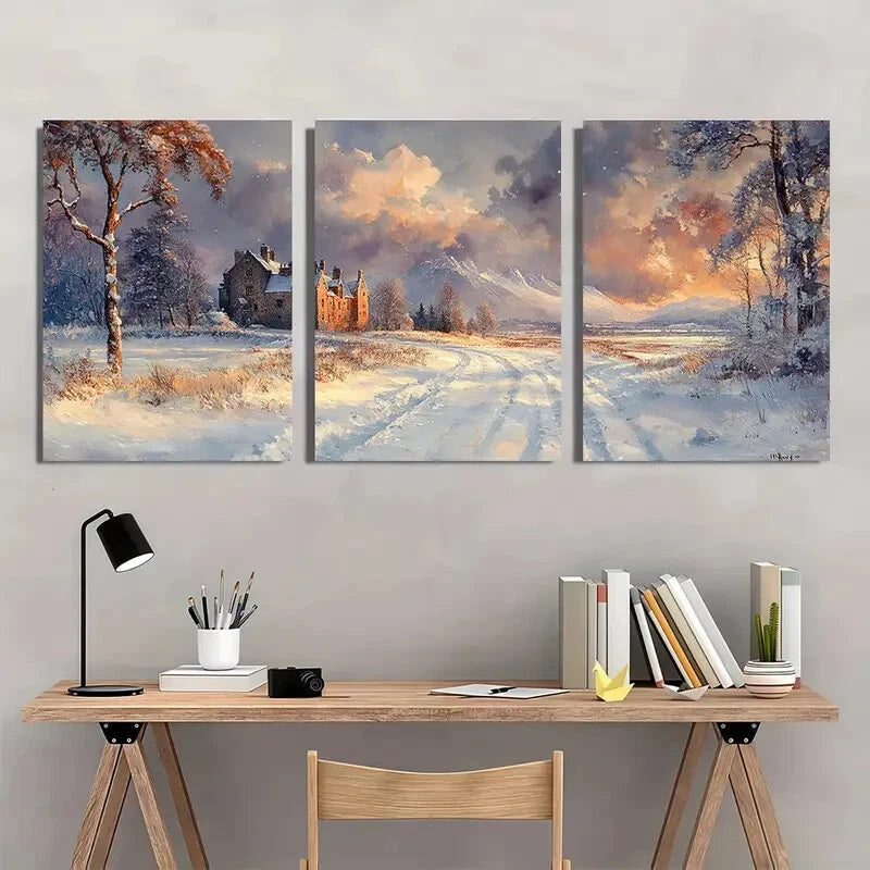 3pcs Scottish Castle Winter Watercolor Art Metal Print Ready to Hang Art