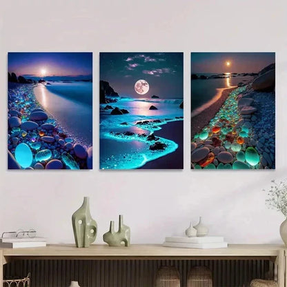 3pcs Beach Moonlight Sunset and Starry Sky Wall Art Set Canvas Unframed - High Quality Print 100% Australian Made Wall Canvas - Bella Home Decor