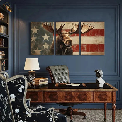3pcs American Flag Moose Art Rustic Wildlife Metal Print Ready to Hang Art - Bella Home Decor