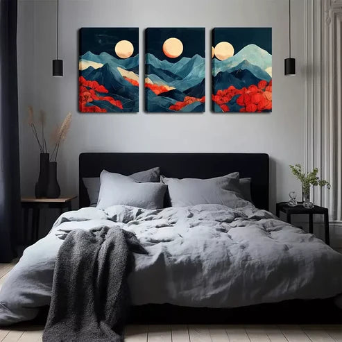3pcs Abstract Mountain, 3 Moon Wall Art Canvas Unframed - High Quality Print 100% Australian Made Wall Canvas - Bella Home Decor