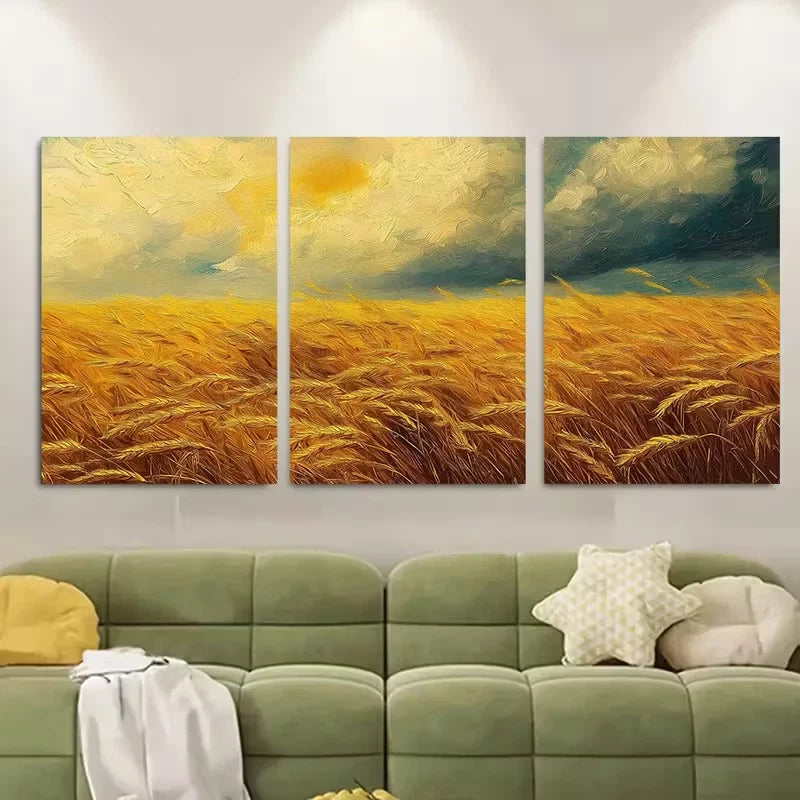 3pcs Van Gogh-Inspired Golden Wheat Field Metal Print Ready to Hang Art