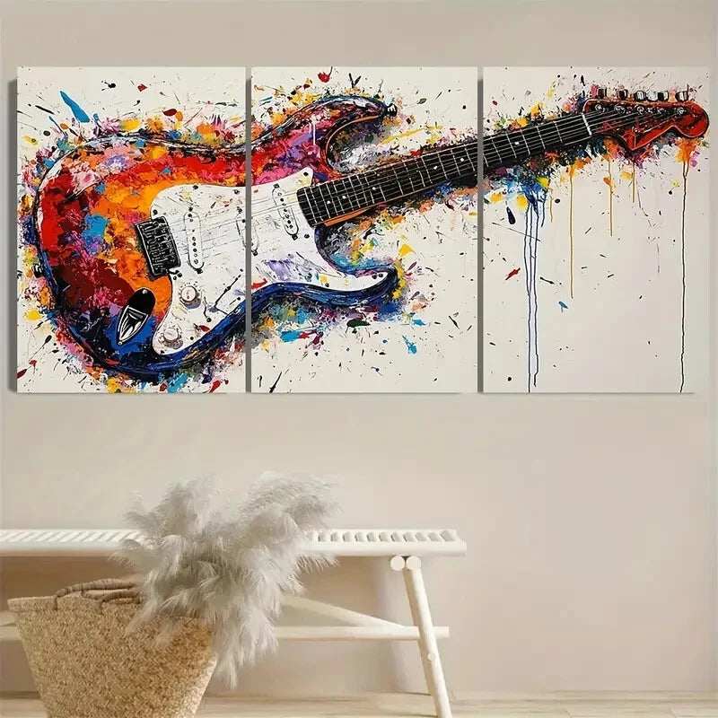 3pcs Guitar Amazing Composition and Colors Metal Print Ready to Hang Art