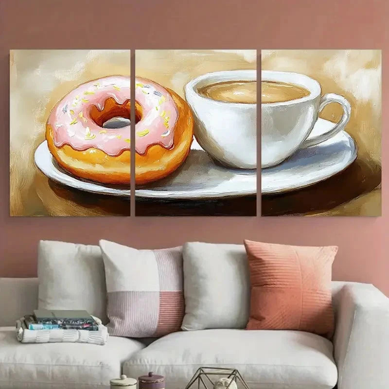 3pcs Coffee and Donut Painting Breakfast Wall Art Set Canvas Framed 40x60cm - High Quality Print 100% Australian Made Wall Canvas Ready to Hang - Bella Home Decor