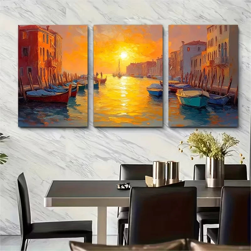 3pcs Golden Sunlight Venice Harbour Metal Print Ready to Hang Art - Bella Home Decor