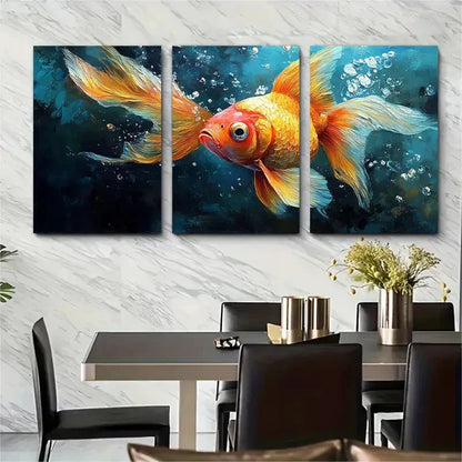3pcs Goldfish Animals Impasto Artwork Perfect Wall Art Set Canvas Framed 40x60cm - High Quality Print 100% Australian Made Wall Canvas Ready to Hang