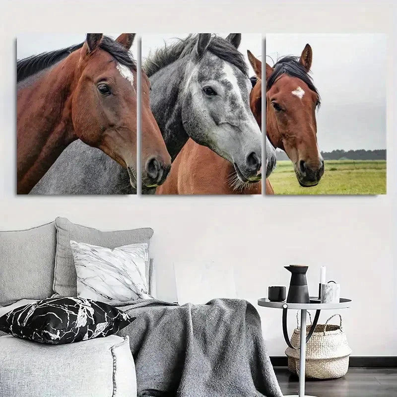3pcs Close Up of Brown and Grey Horses Beautiful Metal Print Ready to Hang Art - Bella Home Decor