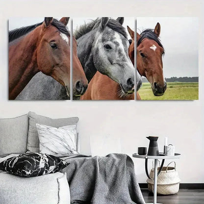 3pcs Close Up of Brown and Grey Horses Beautiful Metal Print Ready to Hang Art - Bella Home Decor