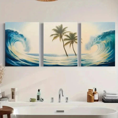 3pcs Ocean Wave & Palm Tree Canvas Wall Art Canvas Unframed - High Quality Print 100% Australian Made Wall Canvas
