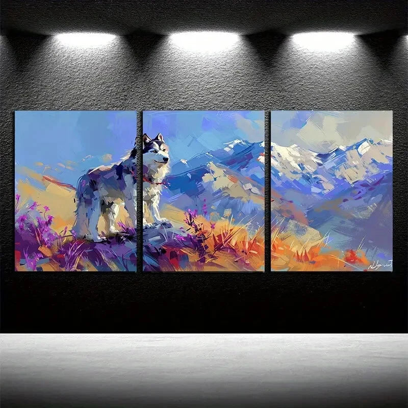 3pcs Vibrant Husky in The Flower Field Mountain Metal Print Ready to Hang Art - Bella Home Decor