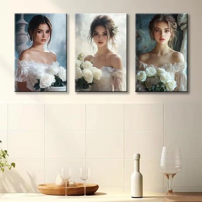 3pcs Elegant Girl with Bouquet Wall Art Set Canvas Framed 50x70cm - High Quality Print 100% Australian Made Wall Canvas Ready to Hang