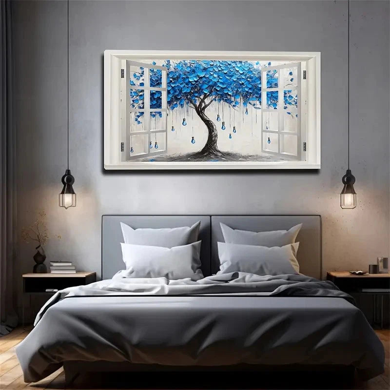 Big Blue Tree With Light Bulbs Wall Art canvas office home room framed 120x60cm