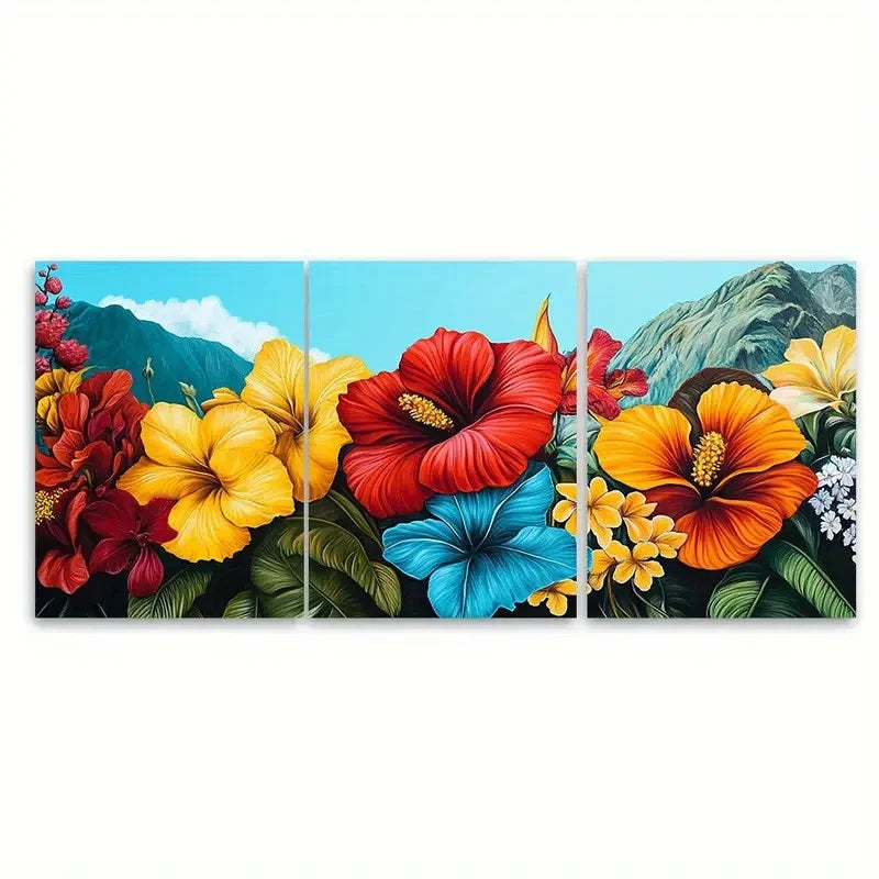 3pcs Santiago Travel Floral Illustration Wall Art Set Canvas Framed 50x70cm - High Quality Print 100% Australian Made Wall Canvas Ready to Hang