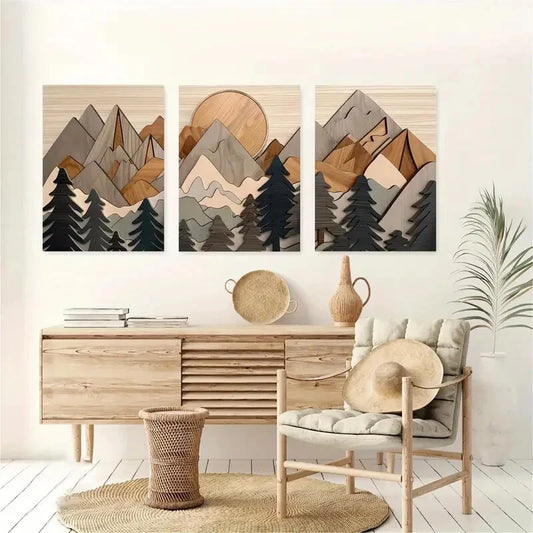 3pcs rustic wood effect art, forest art painting Metal Print Ready to Hang Art