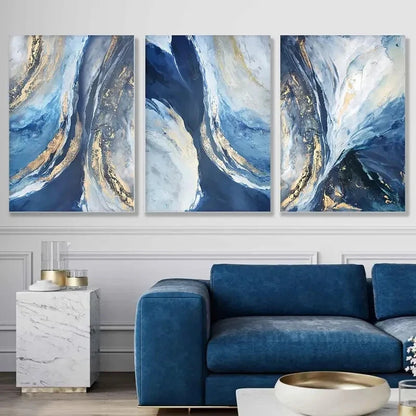 3pcs Blue Golden And White Paintings Metal Print Ready to Hang Art - Bella Home Decor