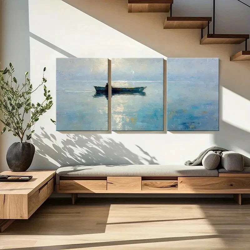 3pcs Abstract Ocean Scene Solitary Boat Metal Print Ready to Hang Art - Bella Home Decor