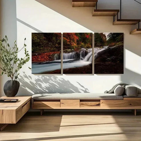 3pcs Forest Stream Waterfall & Red Floral  Wall Art Set Canvas Unframed - High Quality Print 100% Australian Made Wall Canvas - Bella Home Decor