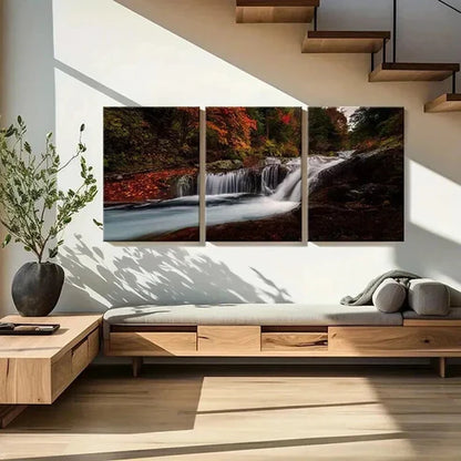 3pcs Forest Stream Waterfall & Red Floral  Wall Art Set Canvas Unframed - High Quality Print 100% Australian Made Wall Canvas - Bella Home Decor