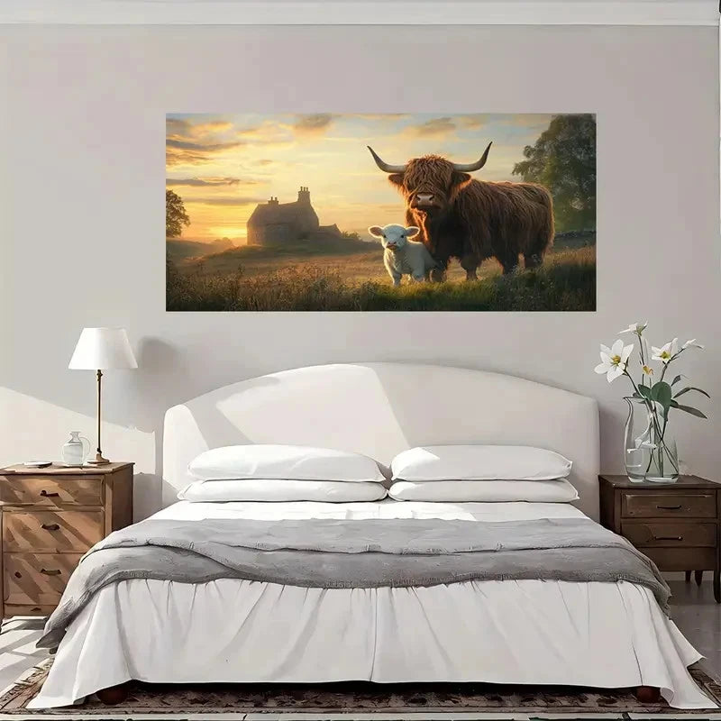 Scottish Longhorns & Cottage Wall Art Canvas Office Home Room Framed 120x60cm