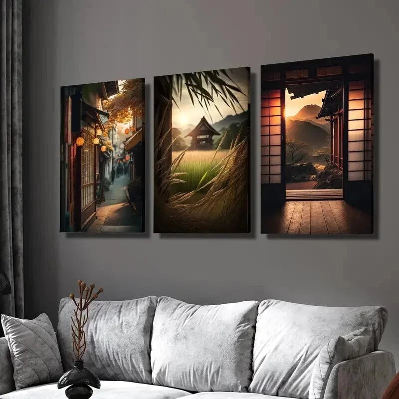 3pcs Japanese Classical Architecture at Sunset Wall Art Set Canvas Framed 60x90cm - High Quality Print 100% Australian Made Wall Canvas Ready to Hang