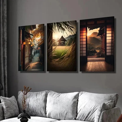 3pcs Japanese Classical Architecture at Sunset Wall Art Set Canvas Framed 60x90cm - High Quality Print 100% Australian Made Wall Canvas Ready to Hang