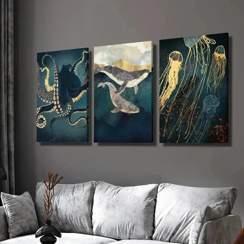 3pcs Octopus Whale Jellyfish Abstract Marine Wall Art Set Canvas Unframed - High Quality Print 100% Australian Made Wall Canvas