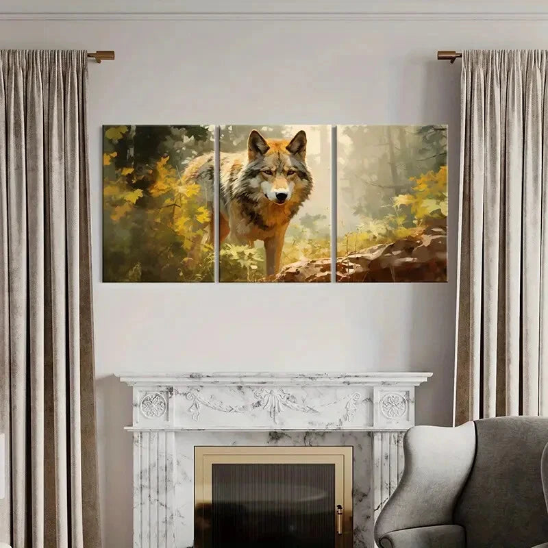 3pcs Wolf Forest Autumn Animal Art Vintage Metal Print Ready to Hang Art - Bella Home Decor